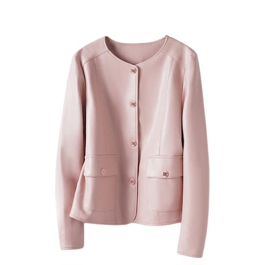 海宁皮夹克女真皮外套短款圆领粉色减龄绵羊皮秋冬新款皮衣小个子