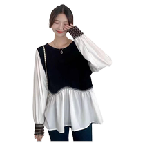 Maternity wear autumn fashion fake two-piece spliced ​​long-sleeved top 2024 new Korean style baby doll autumn T-shirt for women