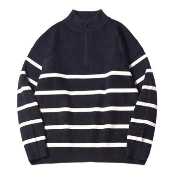 Striped half-zipper stand-up collar sweater casual and lazy Striped half-zipper stand-up collar sweater casual and lazy