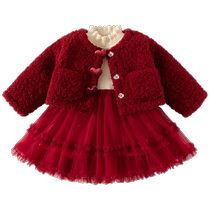Girls dress autumn and winter 2024 new velvet quilted baby girls one-year-old dress spring and autumn childrens princess dress