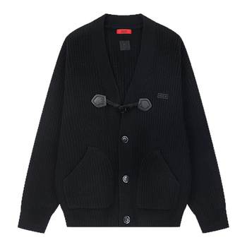 Simple black v-neck sweater men's college style horn button design loose cardigan sweater couple Simple black v-neck sweater men's college style horn button design loose cardigan sweater couple