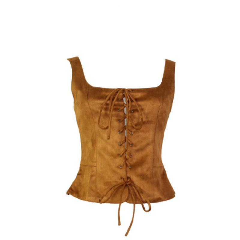【Shura Luo】Original Spring and Autumn Period Medieval Retro Low-Cut Square Neck Vest for Women, Slim Fit Tie-Waist Suede Vest