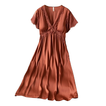 Bra-free satin nightgown with breast pads for women summer ice silk thin short-sleeved pajamas that can be worn outside as home clothes