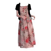 Maternity wear summer wear new Chinese style retro print large size loose suspender dress short-sleeved cardigan two-piece set