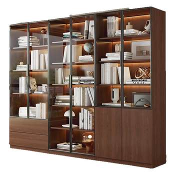 Walnut color bookcase glass door display wine cabinet light luxury home living room solid wood hand-made integrated whole wall to top bookshelf