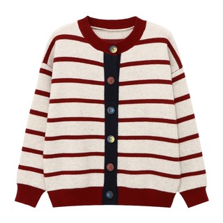 Basic house/baijiahao retro contrasting striped sweater autumn and winter new design round neck cardigan jacket