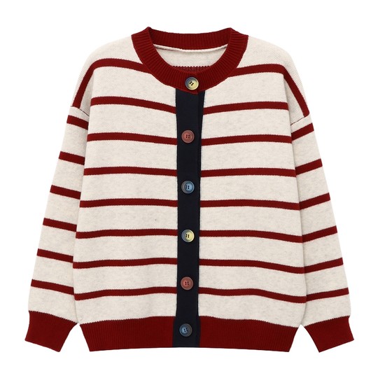 Basic House/Baijiahao retro contrast striped sweater winter new design round neck cardigan jacket