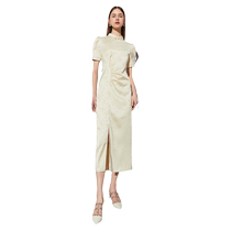 DPLAY2024 Xia Xin Chinese style stand collar white split pleated slit national style satin dark pattern jacquard dress