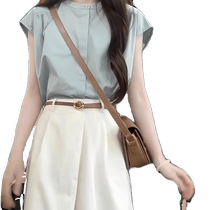 French style high-end blue shirt for women summer new style small flying sleeve shirt small shirt short-sleeved chiffon top