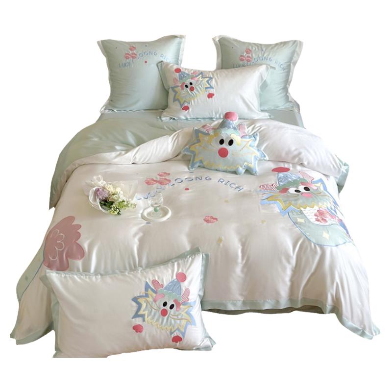 Cute cartoon little green dragon embroidery double-sided 60-count Tencel four-piece ice silk quilt cover silky naked bedding