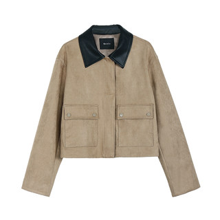 Maven Lin 经典至上 复古巴恩风棕咖撞色翻领夹克麂皮绒短外套