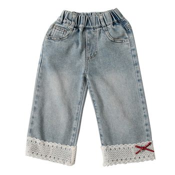 Girls' lace bow denim straight pants