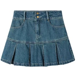 High-waisted pleated denim skirt for women summer plus size fat mm belly-covering slimming design A-line hip-hugging short skirt