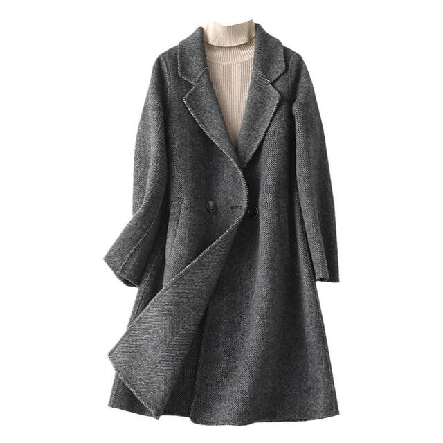 毛呢外套女中长款西装领修身气质人字纹2025新款轻奢双面羊毛大衣