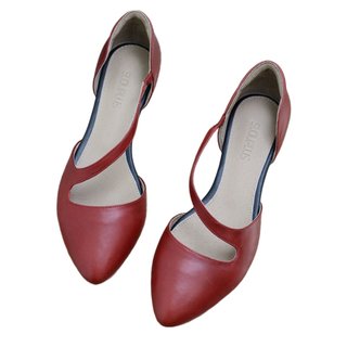 【萍旅】慢先森女鞋 尖头斜带赫本风高中低跟中空牛皮凉鞋 616-12