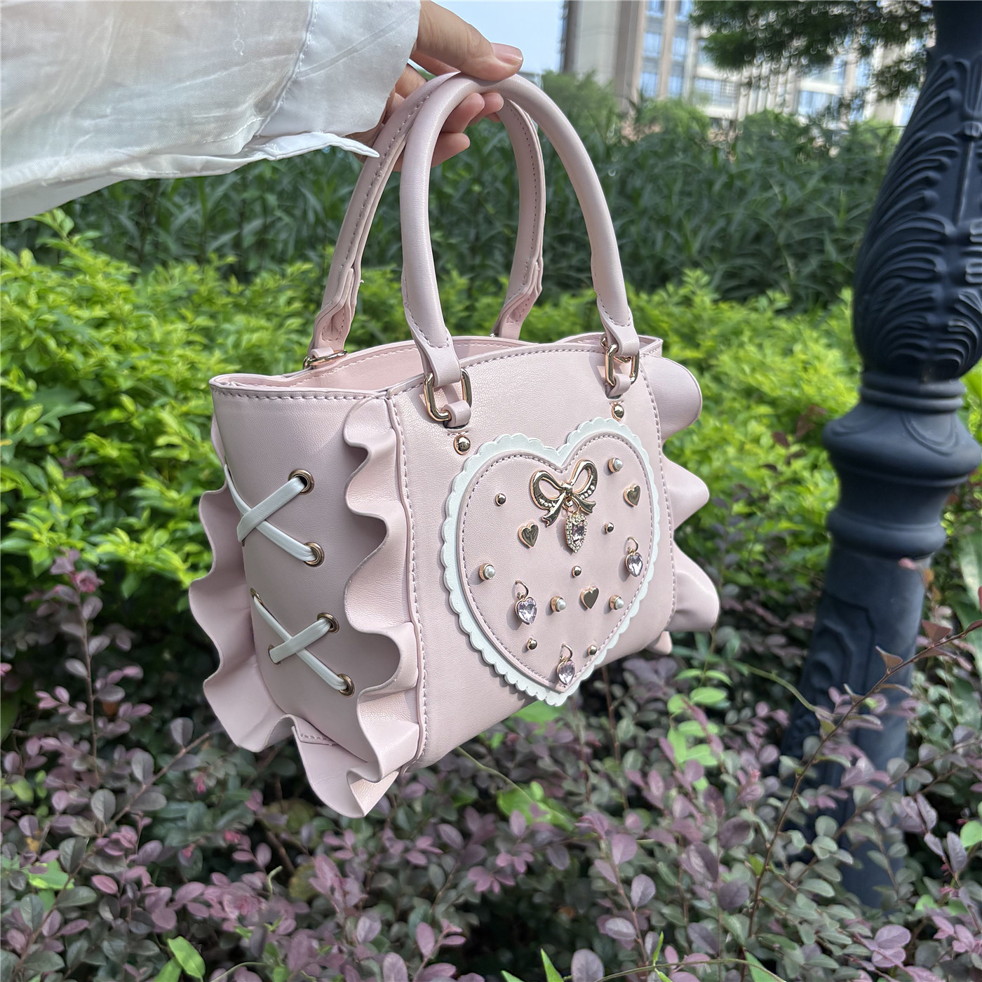 Lolita sweet Japanese style tote bag, cute handbag with girly bow and rhinestones, elegant shoulder/crossbody bag