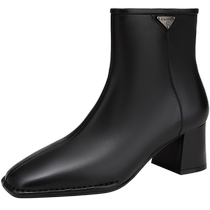 Qianbaidu embossed sheepskin fashion boots for women 2024 winter new thick high heel plus velvet warm leather short boots