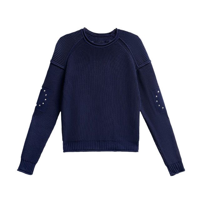 Sweater cotton round neck jersey navy blue