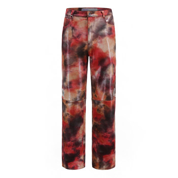 ERISSTOFF Y2K Millennium Cyber ​​​​Velvet Gold thread Flame Cloud Tie-Dye Stitching Profile Leather Pants ແບບດຽວກັນກັບ Liang Sen