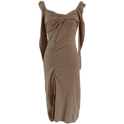 ACHI Daye Chi ສີບົວ v-neck ຫນ້າເອິກ kink dress knitted ແຂນຍາວ mid-length dress slit ຍາວ dress