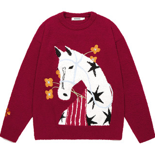 GUUKA马年本命年衣服红色爱心刺绣针织衫女 加厚圆领套头毛衣落肩