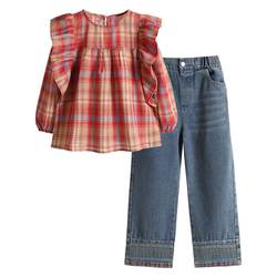 2024 Spring New Girls'suits Korean Style Plaid Shirts for Older and Baby Girls Jeans Two-piece Set Spring and Autumn