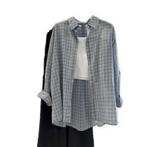 Retro Ice Silk Plaid Sun Protection Shirt Womens Summer Thin Long Sleeve Shirt Cardigan Suspender Top Casual Sun Protection Clothing