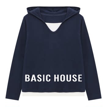 Baijiahao contrast color fake two-piece knitted t-shirt spring new women's loose v-neck spliced long-sleeve hooded top