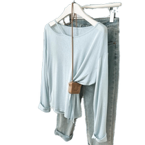 Summer blue slit off-shoulder sun protection blouse womens summer t-shirt loose thin long-sleeved T-shirt pure desire top