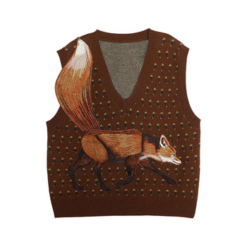 Kamo Original Fox Embroidered Knit Vest Forest Green V-Neck Sweater Vintage Orange Sleeveless Layering Two Colors