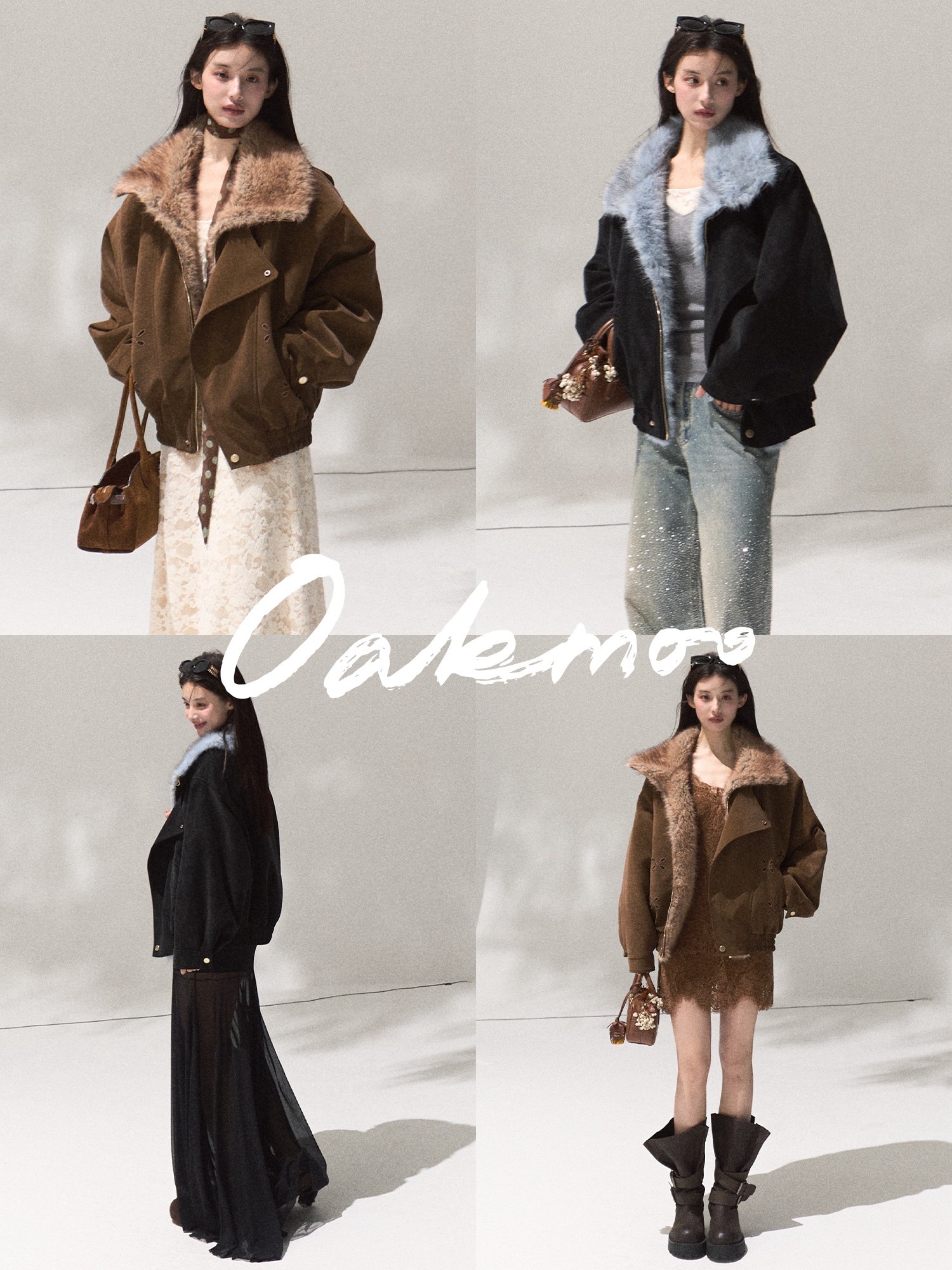 Oakmoo/ เสื้อโค้ทกันหนาวฤดูหนาว “โอ๊คและเฮเซลนัต” สำหรับผู้หญิง คอขนสัตว์ แจ็กเก็ตหนาทรงสั้น ดีไซน์ปกพับลง