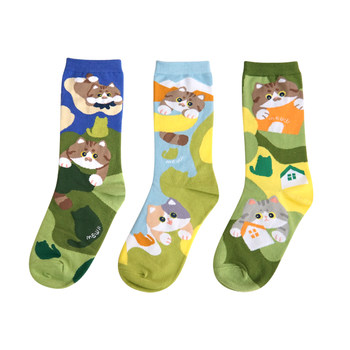 MEWJI ຕົ້ນສະບັບງາມ cat cat Island illustration jacquard mid-tube cartoon spring and summer socks gift box women gift