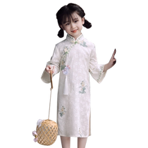 Girls cheongsam spring 2024 new long-sleeved embroidered Chinese style childrens guzheng little girl ancient style dress