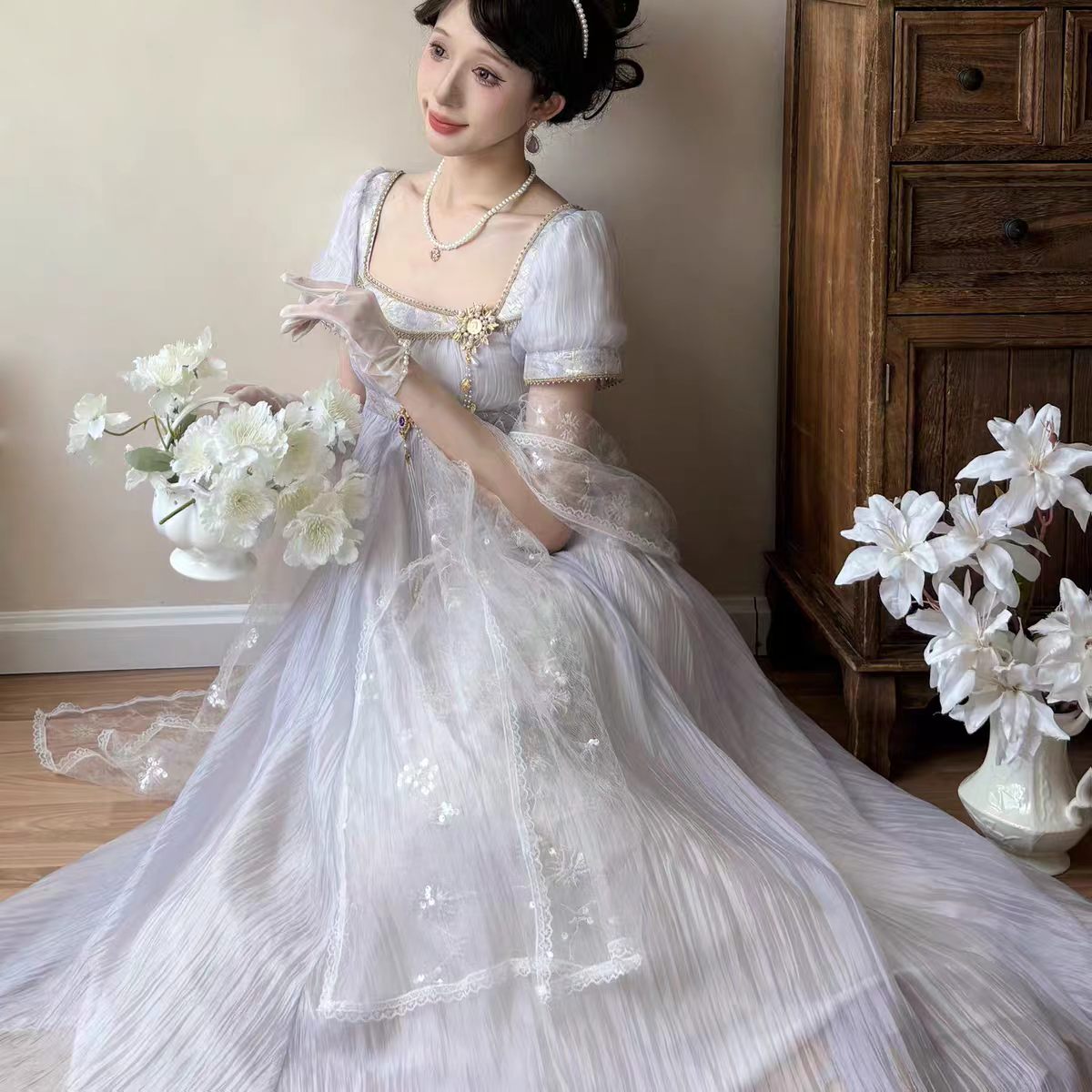 [In Stock] Retro Court Style Short-Sleeve Dress for Women, Summer 2026 New Slim Fit Lolita Dress