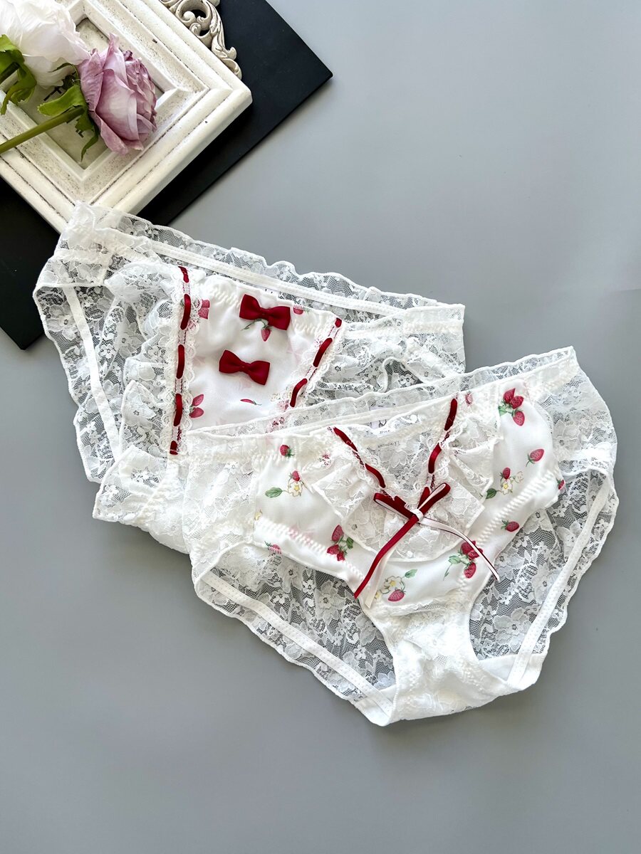 Sexy lace sweet strawberry cute mid-waisted comfortable soft ice silk couple underwear, white