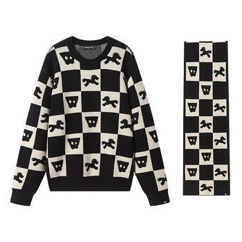 Dangerouspeople Joker Xue Dsp Checkerboard Pattern Knit Sweater Paper Bag Headscarf Versatile Trendy Sweater