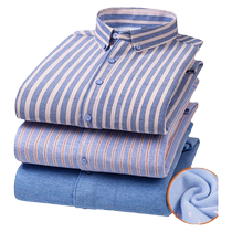 Winter mens Oxford thermal long-sleeved shirt for young and middle-aged people velvet thickened striped shirt casual mens top