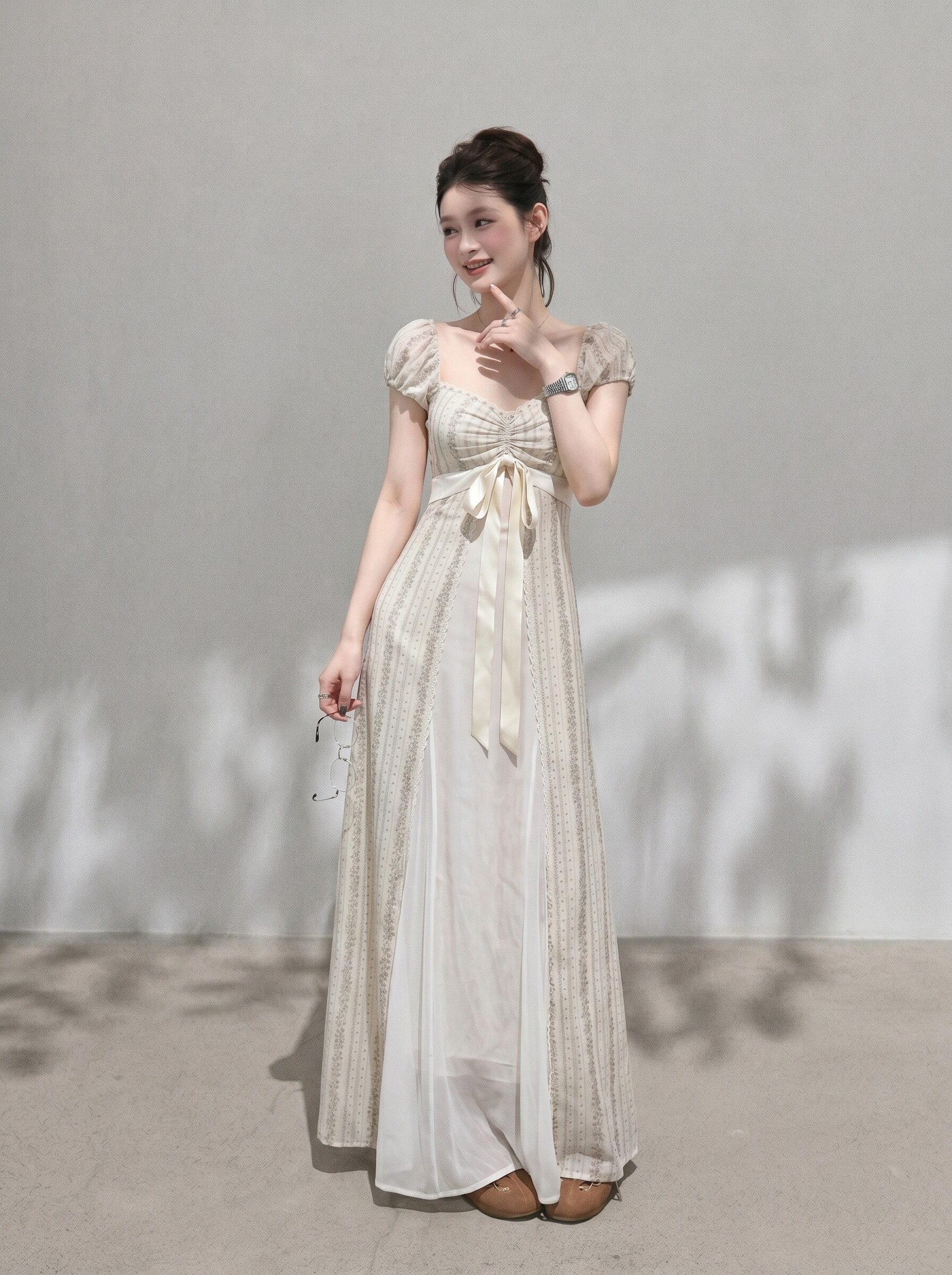 BUWAN STUDIO 【Spring Wildflower Stream】Gentle and Sweet Elegant Square Neck Puff Sleeve Lace Dress for Women