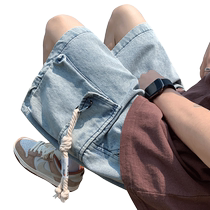 Drawstring workwear denim shorts mens summer thin American retro loose quarter pants trendy brand large size medium pants