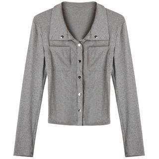 JULY 崎崎 辣妹灰色质感长袖衬衫港味复古休闲慵懒感修身针织开衫