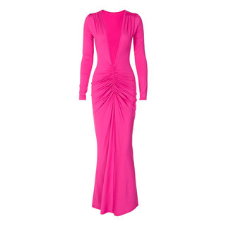 Sexy v-neck slim pleated solid color long-sleeved dress