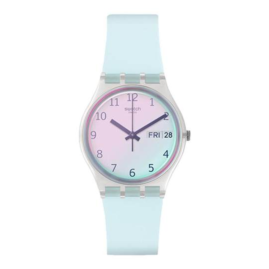 Swatch斯沃琪瑞士手表蓝粉炫彩初高中学生日历石英腕表考试礼物