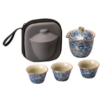 Blue and white travel tea set portable quick cup one pot three cups outdoor teapot drinking tea cup camping equipment