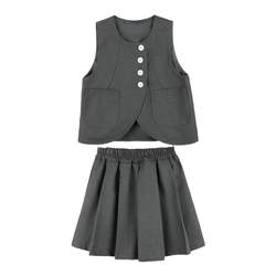 Little Daddy Blue Girls College Style Suit 2024 Spring New Children's Versatile Pleated Skirt Baby Vest Two-piece Set