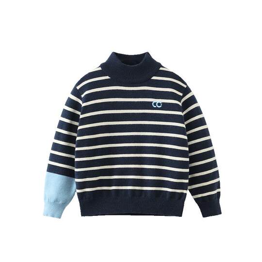 Anti-static Pilling Qi Qi Xiong Boys' Sweater Thickened Winter Striped Half-Turtle Collar Baby Wool Sweater