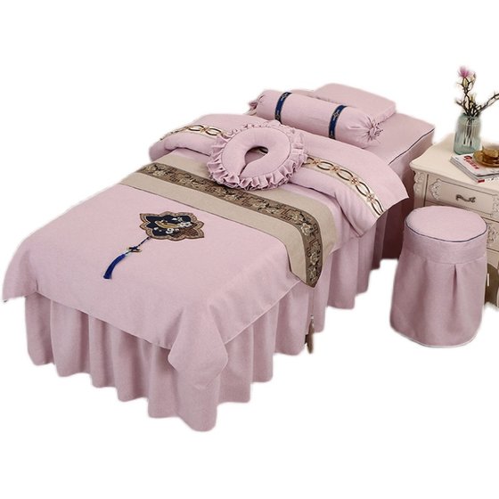 High -end custom beauty bed cover cotton and hemp pine tight bed set four -piece single anti -Zou Massage therapy, simple solid color
