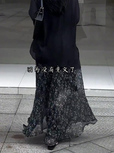 黑色雪纺碎花半身裙女2026流行新款高腰时尚宽松减龄垂感休闲长裙