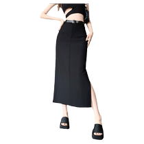 Slit black high waist skirt summer womens mid-length suit skirt 2024 new hip-covering skirt one-step long skirt