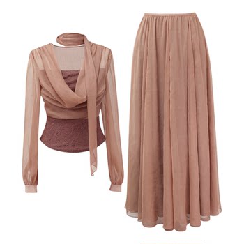 ລຸງ peter pan < southern kingdom pottery> french fake two-piece swing collar design slim fit top and elastic waist skirt