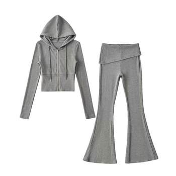 Oxygen Korean Style ~ Ribbed Zipper Hooded Slim-Fit Short Sweatshirt Jacket and Low-Waisted Flared Slim-Fit Pants Two-Piece Set